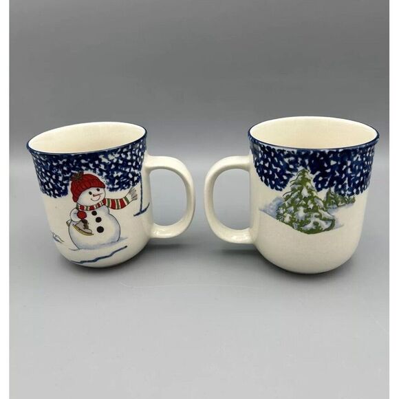 THOMSON POTTERY CHINA SNOWMAN COFFEE MUGS SET OF 2- RETIRED PATTERN - Picture 2 of 4